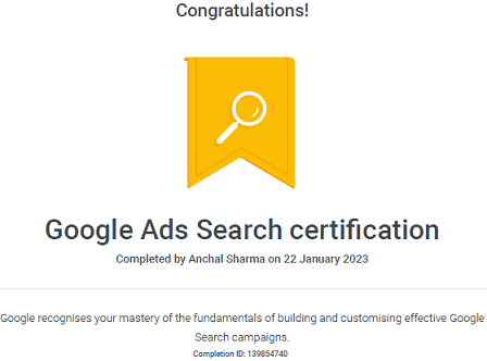 Google Search Ads Certification - Anchal Sharma