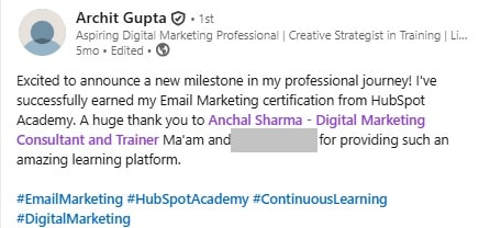 Archit testimonial for Anchal Sharma