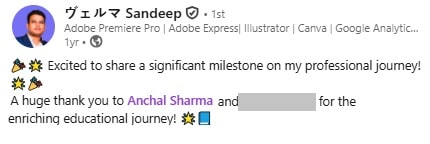 sandeep testimonial- For Anchal Sharma